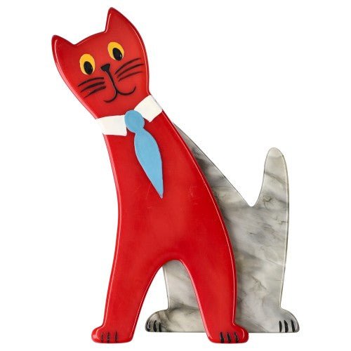 Red and Light Grey Tie Cat with a Azur Blue Tie - Galalith – Vintage Jewelry - handcrafted by Pavone by Pavone