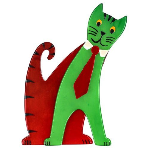 Grass Green and Red Tie Cat with a Red Tie - Galalith – Vintage Jewelry - handcrafted by Pavone by Pavone
