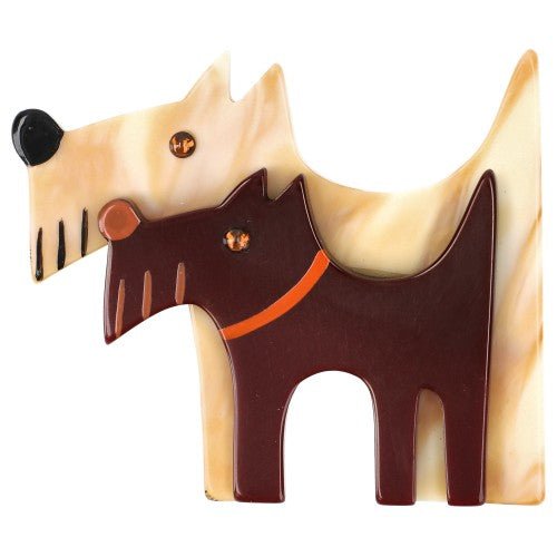 Cream - Yellow and Bown Double Dog Brooch - Galalith – Vintage Jewelry - handcrafted by Pavone by Pavone