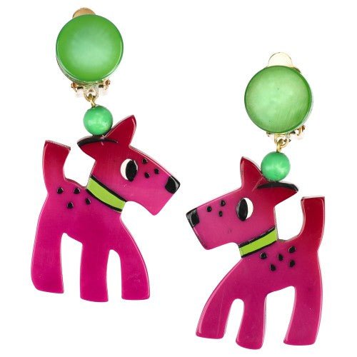 Cyclamen Pink Fox Dog Earrings - Galalith – Vintage Jewelry - handcrafted by Pavone by Pavone