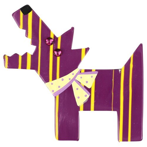 Cyclamen Purple and Yellow Striped Barki, the Pirate's Dog Brooch - Galalith – Vintage Jewelry - handcrafted by Pavone by Pavone