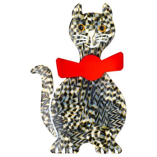 Black and White Checkers Dandy Cat Brooch with a Scarlet Red Bow - Galalith – Vintage Jewelry - handcrafted by Pavone by Pavone