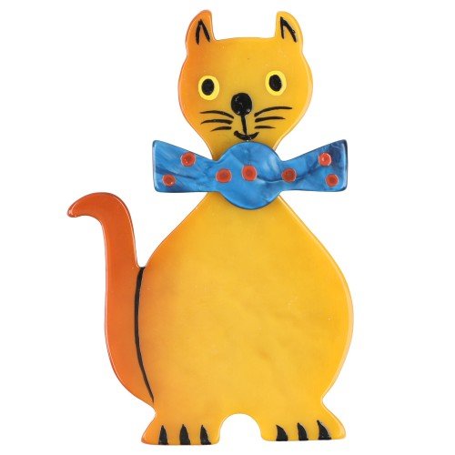 Ochre Yellow Dandy Cat Brooch with a Ocean Blue Bow - Galalith – Vintage Jewelry - handcrafted by Pavone by Pavone