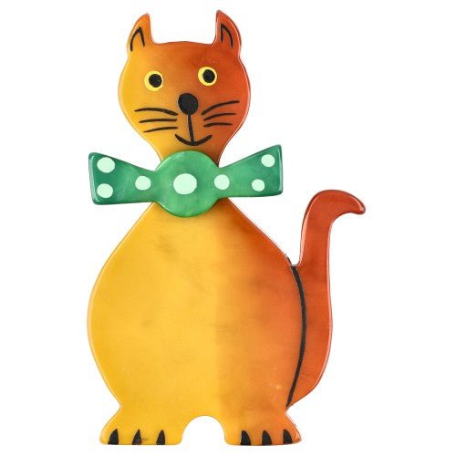 Ochre Yellow Dandy Cat Brooch with a Green Bow - Galalith – Vintage Jewelry - handcrafted by Pavone by Pavone