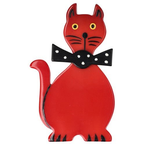 Red Dandy Cat Brooch with a black and white bow - Galalith – Vintage Jewelry - handcrafted by Pavone by Pavone