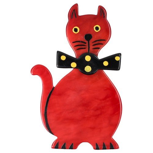 Red Dandy Cat Brooch with a black and yellow bow - Galalith – Vintage Jewelry - handcrafted by Pavone by Pavone