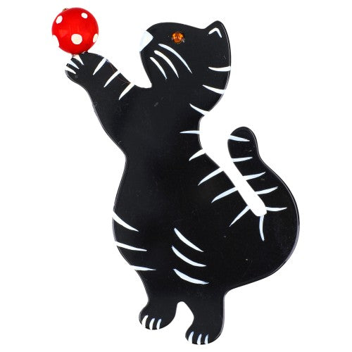 Black and White Standing Cat Brooch with a Red Ball