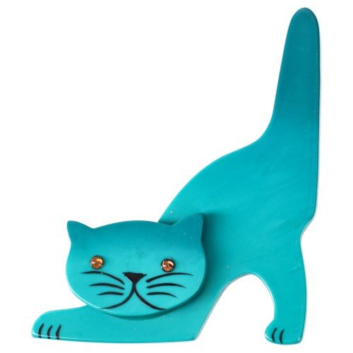 Deep Turquoise Nino Cat Brooch with Yellow eyes - Galalith – Vintage Jewelry - handcrafted by Pavone by Pavone