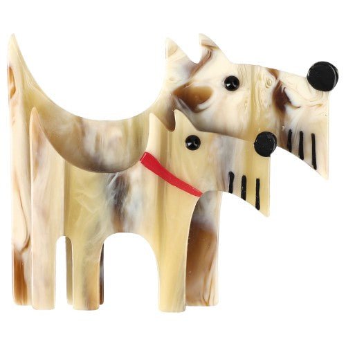 Beige - Cream Striped Double Dog Brooch - Galalith – Vintage Jewelry - handcrafted by Pavone by Pavone