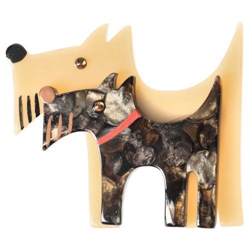 Cream - Beige and Iridescent Bown Double Dog Brooch - Galalith – Vintage Jewelry - handcrafted by Pavone by Pavone
