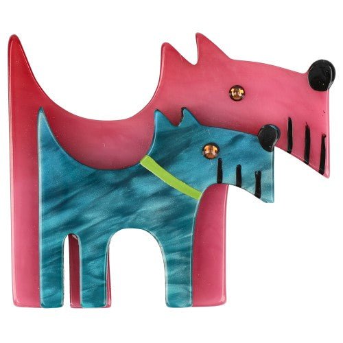 Fuchsia Pink and Ocean Blue Double Dog Brooch - Galalith – Vintage Jewelry - handcrafted by Pavone by Pavone