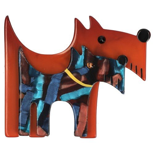 Ginger Brown And blue, turquoise and Ginger Glitter Double Dog Brooch - Galalith – Vintage Jewelry - handcrafted by Pavone by Pavone