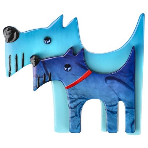 Azur and Cobalt Blue Double Dog Brooch - Galalith – Vintage Jewelry - handcrafted by Pavone by Pavone