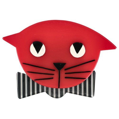 Ecarlate Red Bow Tie Cat Brooch with Vertical Black and White Striped Bow - Galalith – Vintage Jewelry - handcrafted by Pavone by Pavone