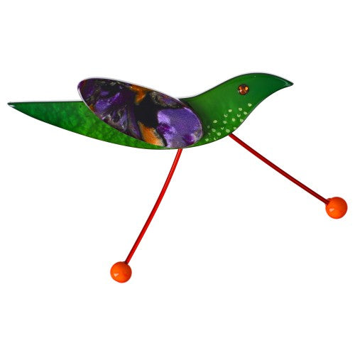 Malachite Green Wader Bird Brooch with Purple, Ocher Wing (orange feet)