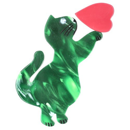 Flamed Green Standing Cat Brooch with a Red Heart (large size) - Galalith – Vintage Jewelry - handcrafted by Pavone by Pavone