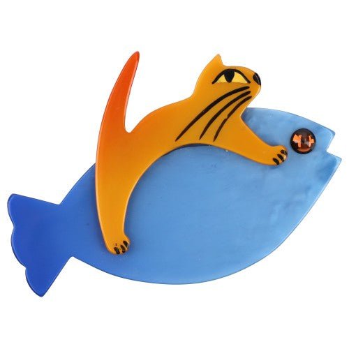 French Blue and Yellow Sinbad Cat Brooch (small size) - Galalith – Vintage Jewelry - handcrafted by Pavone by Pavone
