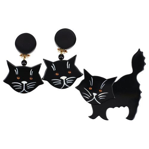 Black and White Fripon Cat Set (Brooch and Earrings) - Galalith – Vintage Jewelry - handcrafted by Pavone by Pavone