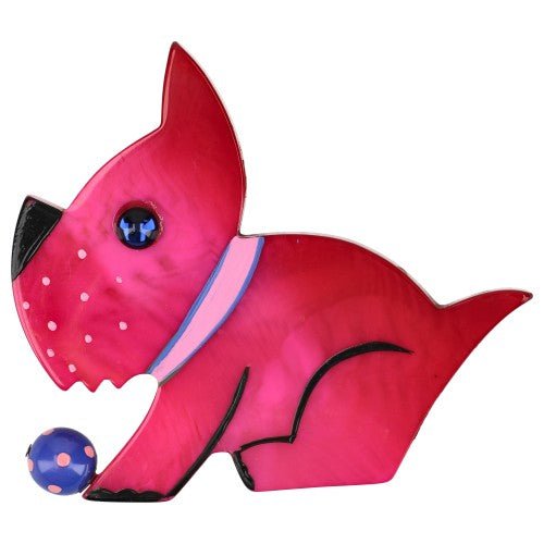 Fuchsia Pink Lucien Dog Brooch with a Blue Ball - Galalith – Vintage Jewelry - handcrafted by Pavone by Pavone