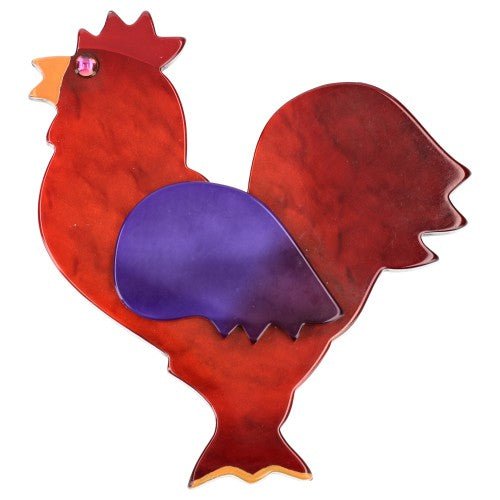 Ginger and Purple Rooster Brooch - Galalith – Vintage Jewelry - handcrafted by Pavone by Pavone