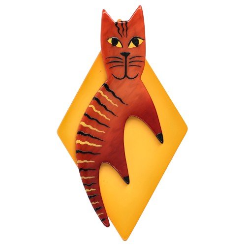 Ginger Brown and Yellow Hugo Cat Brooch - Galalith – Vintage Jewelry - handcrafted by Pavone by Pavone
