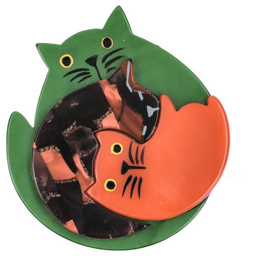 Green and Orange Puzzle Cat Brooch - Galalith – Vintage Jewelry - handcrafted by Pavone by Pavone