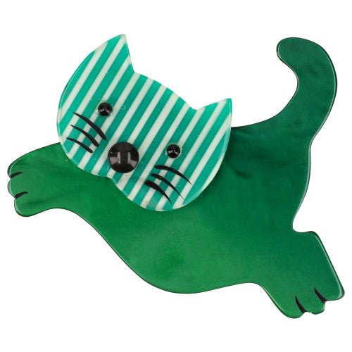 Green and Striped Green Leaping Cat Brooch - Galalith – Vintage Jewelry - handcrafted by Pavone by Pavone