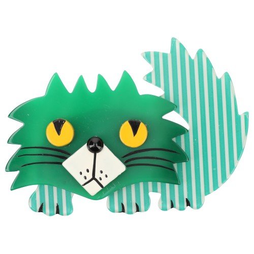 Green and white striped Rocky Cat Brooch with yellow eyes - Galalith – Vintage Jewelry - handcrafted by Pavone by Pavone