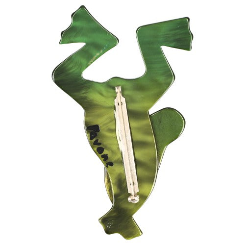Moos Green Diving Frog Brooch with yellow eyes (large size) back side