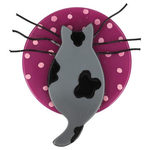 Grey and Cyclamen Pink Full Moon Cat Brooch (small size) - Galalith – Vintage Jewelry - handcrafted by Pavone by Pavone