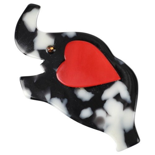 Grey and White Elephant Heart Brooch with a Red Ear - Galalith – Vintage Jewelry - handcrafted by Pavone by Pavone