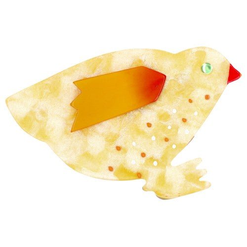 Iridescent Yellow Hen Brooch with a Yellow Wing - Galalith – Vintage Jewelry - handcrafted by Pavone by Pavone