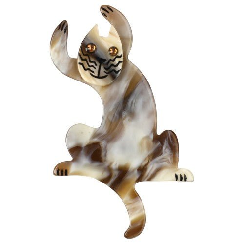 Ivory, beige and Caramel Brown Jazzy Cat Brooch (small size) - Galalith – Vintage Jewelry - handcrafted by Pavone by Pavone