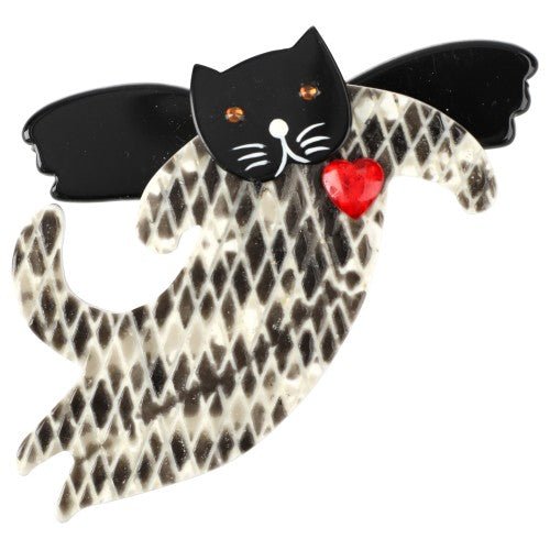 Ivory, Brown and Black Checkered Snake Angelo Cat Brooch - Galalith – Vintage Jewelry - handcrafted by Pavone by Pavone