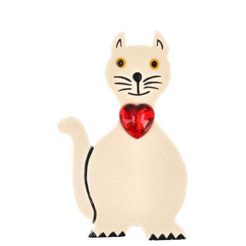 Ivory White Dandy Cat Brooch with a Red Heart - Galalith – Vintage Jewelry - handcrafted by Pavone by Pavone