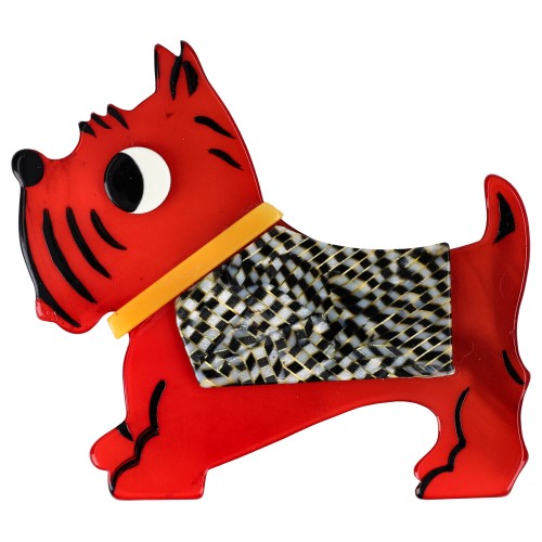 Red, Black and White Checkerboard Coat, Yellow Collar Jano Dog Brooch (left)