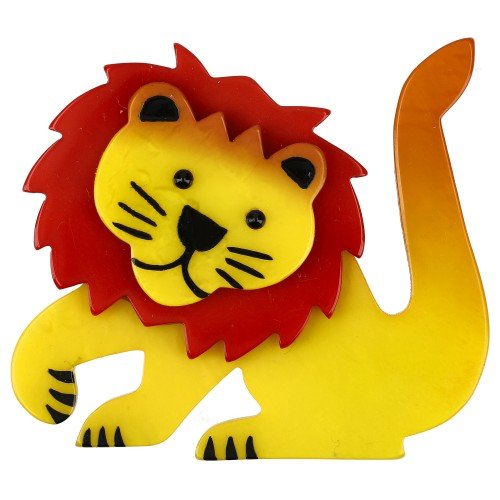 Yellow and Cherry Red Leo Lion Brooch - Galalith – Vintage Jewelry - handcrafted by Pavone by Pavone