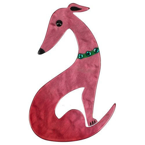 Magenta Pink Greyhound Dog Brooch with an Emerald green Necklace - Galalith – Vintage Jewelry - handcrafted by Pavone by Pavone