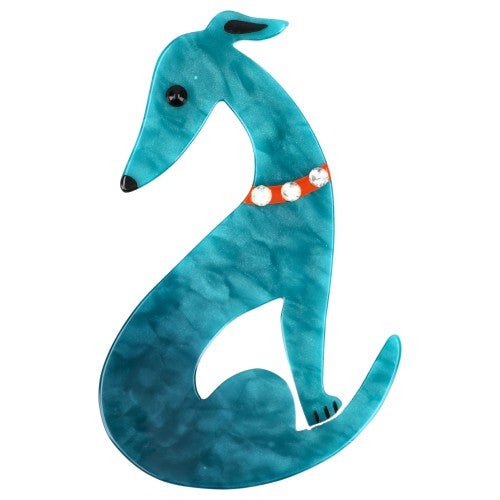 Ocean Blue Greyhound Dog Brooch with a Orange Necklace - Galalith – Vintage Jewelry - handcrafted by Pavone by Pavone