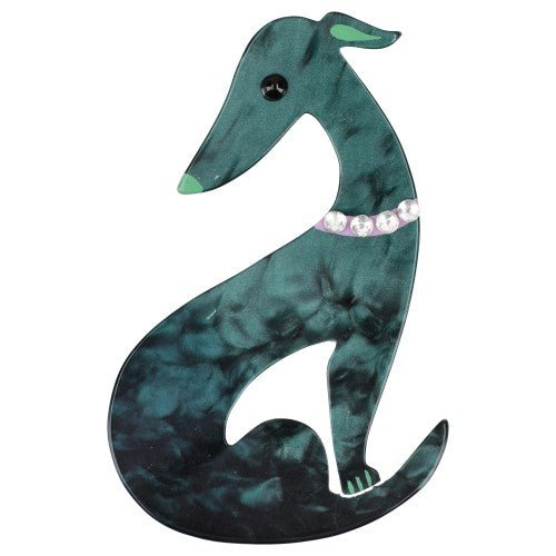 Fir Green Greyhound Dog Brooch with a Lilac Purple Necklace - Galalith – Vintage Jewelry - handcrafted by Pavone by Pavone