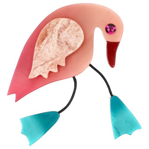 Light and Pearly Pink Twisty Bird Brooch with Aquamarine Feet - Galalith – Vintage Jewelry - handcrafted by Pavone by Pavone