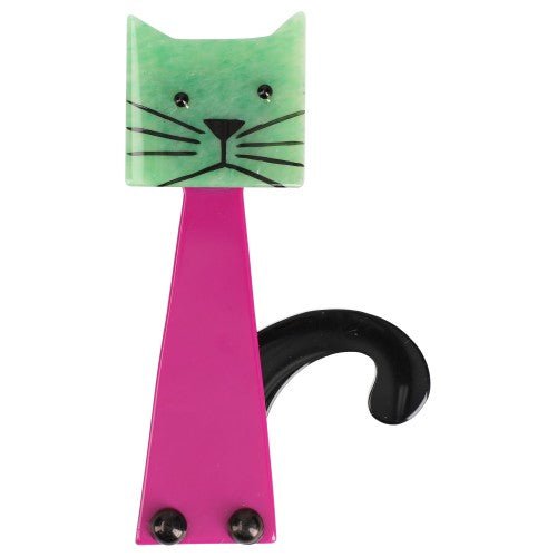 Light Green and Cyclamen Pink Teapot Cat Brooch - Galalith – Vintage Jewelry - handcrafted by Pavone by Pavone