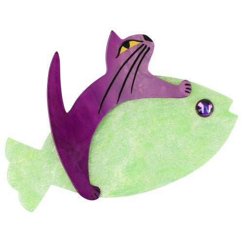 Lilac and Brillant Almond Green Sinbad Cat Brooch (large size) - Galalith – Vintage Jewelry - handcrafted by Pavone by Pavone