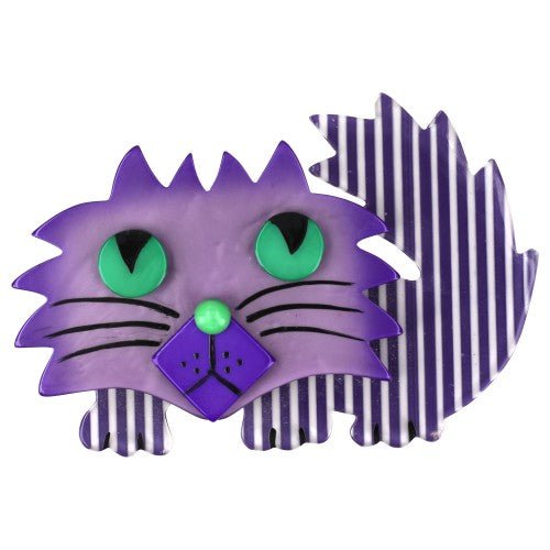 Lilac and Striped Purple Rocky Cat Brooch (with Green Eyes) - Galalith – Vintage Jewelry - handcrafted by Pavone by Pavone