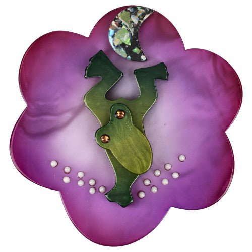 Lilac Purple and Moss Green Frog Water Lily Brooch - Galalith – Vintage Jewelry - handcrafted by Pavone by Pavone