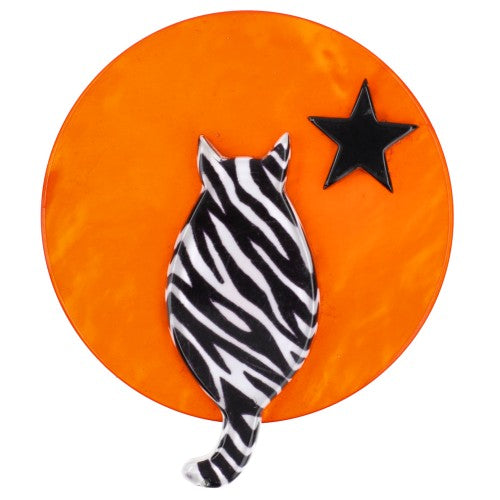 Orange and Black and White Striped Full Moon Cat Brooch 
