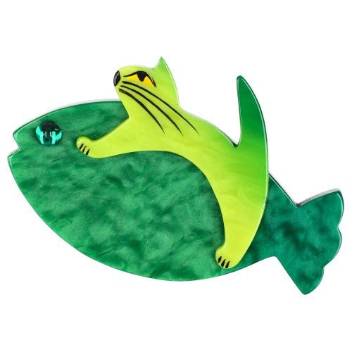 Malachite Green and Anis Green Sinbad Cat Brooch (small size) - Galalith – Vintage Jewelry - handcrafted by Pavone by Pavone