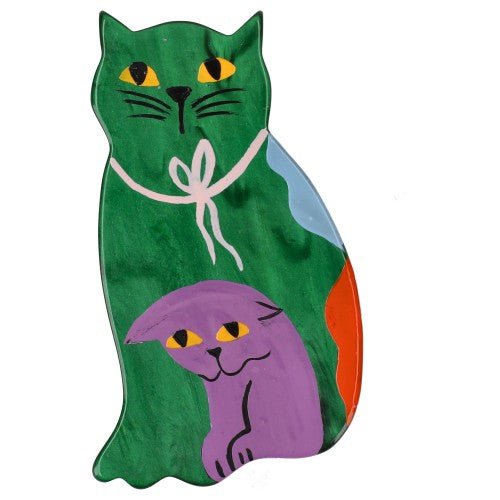 Malachite Green and Lilac Purple Family Cat Brooch - Galalith – Vintage Jewelry - handcrafted by Pavone by Pavone