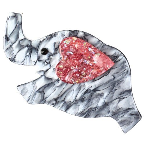 Marble Grey Elephant Heart Brooch with a Brilliant Pink Ear - Galalith – Vintage Jewelry - handcrafted by Pavone by Pavone