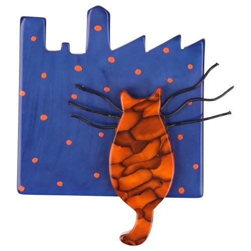 Marbled Orange and Blue City Cat Brooch - Galalith – Vintage Jewelry - handcrafted by Pavone by Pavone